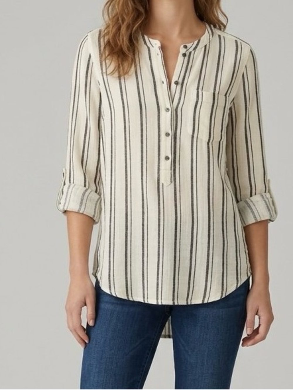 Lucky Brand Striped Roll-Tab Sleeve Popover Tunic Blouse White Black Size L
